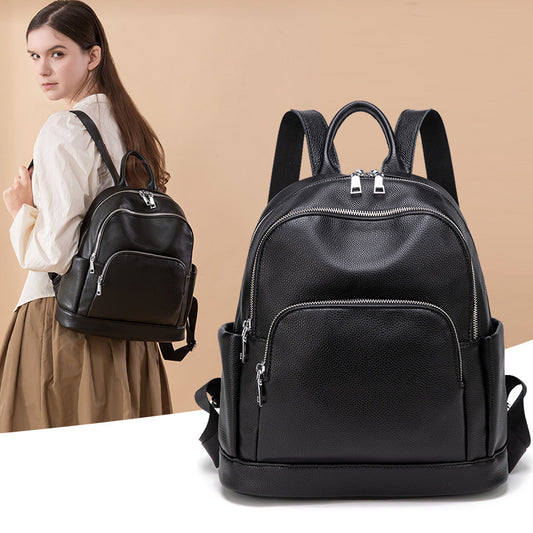Fashionable Solid Color Large Capacity Trendy Women's Backpack Soft Leather Bag